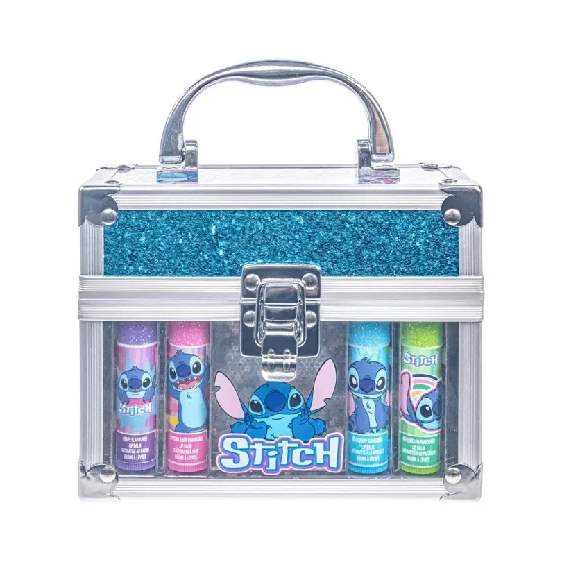 Disney Stitch-themed Townley lip balm set in a train case, featuring colorful designs and compact storage for travel