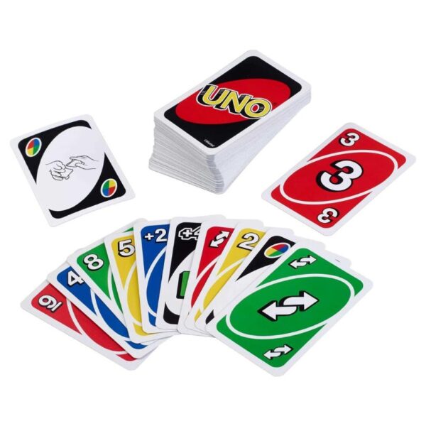 A colorful display of UNO cards featuring various numbers and action cards, showcasing the game's vibrant design