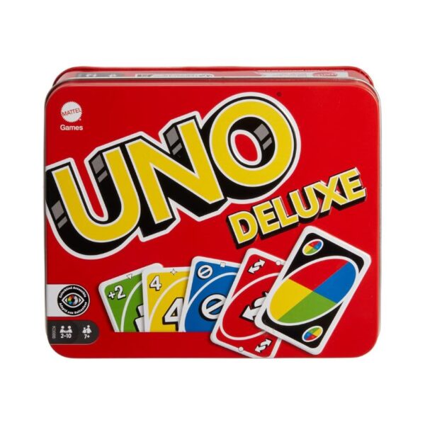 Colorful UNO Deluxe card game box featuring iconic cards and logo, designed for family-friendly fun and strategy
