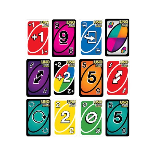 A colorful UNO Flip Express card game box featuring vibrant graphics and the game's logo prominently displayed on the front