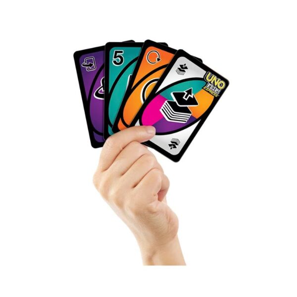 A colorful UNO Flip Express card game box featuring vibrant graphics and the game's logo prominently displayed on the front