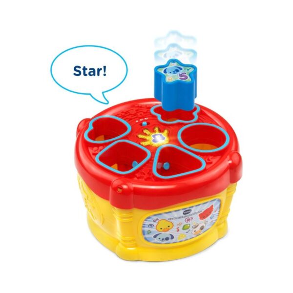 Yellow VTech Sort and Discover Drum with colorful shapes and buttons for interactive play and learning for young children