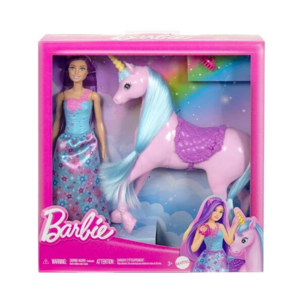 Barbie doll with a unicorn in a colorful fantasy playset, featuring accessories for imaginative play and storytelling