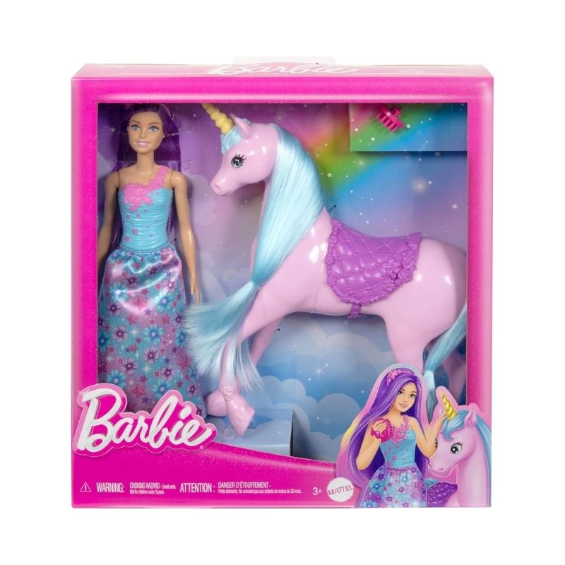 Barbie doll with a unicorn in a colorful fantasy playset, featuring accessories for imaginative play and storytelling