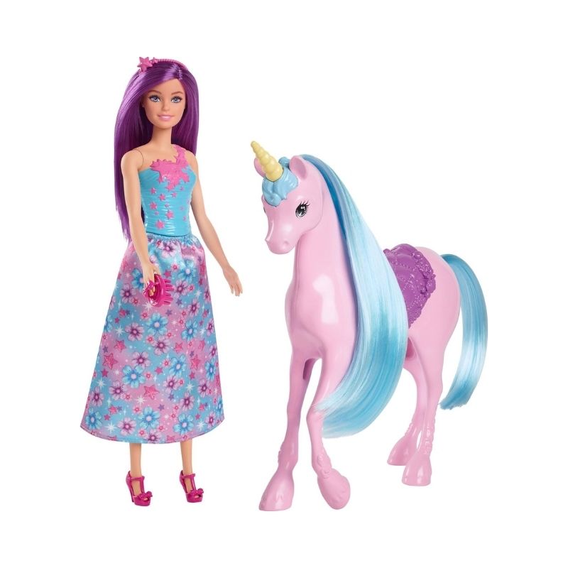 Barbie doll with a unicorn in a colorful fantasy playset, featuring accessories for imaginative play and storytelling