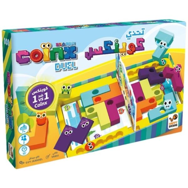 Coinx Duel board game displayed in a space-themed setting, featuring English and Arabic text on the packaging