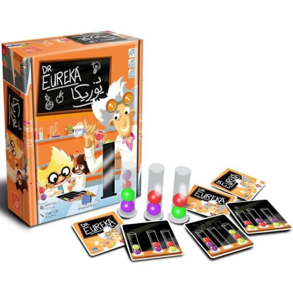 Dr. Eureka board game box featuring colorful graphics and bilingual English/Arabic text on a vibrant background