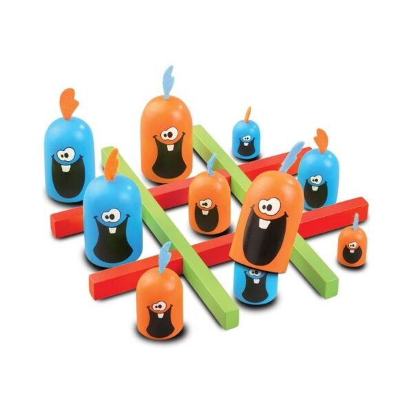 Colorful Gobblet Gobblers game board with pieces stacked in a strategic arrangement, showcasing a fun strategy game setup