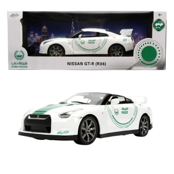 Jada Dubai Police 2009 Nissan GT-R model car in 1:18 scale, showcasing detailed police livery and design features