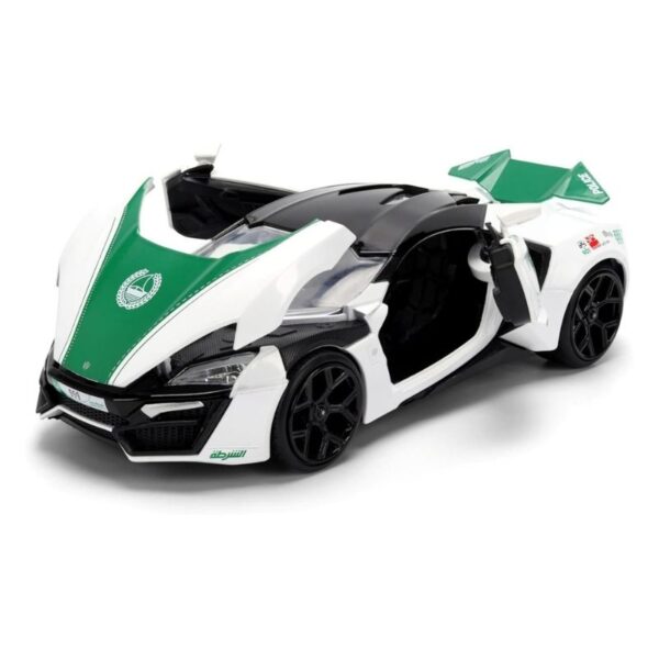 Jada Dubai Police W Motors Hypersport model car in 1:24 scale, showcasing sleek design and police-themed details.