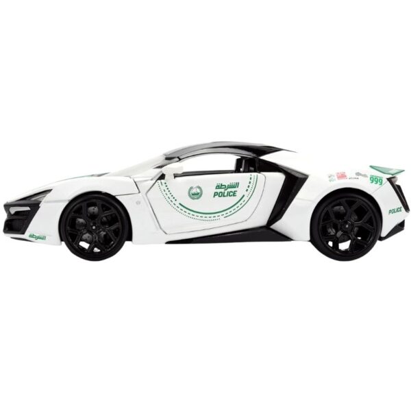 Jada Dubai Police W Motors Hypersport model car in 1:24 scale, showcasing sleek design and police-themed details.