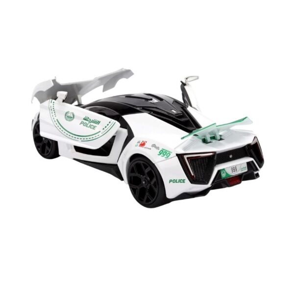 Jada Dubai Police W Motors Hypersport model car in 1:24 scale, showcasing sleek design and police-themed details.