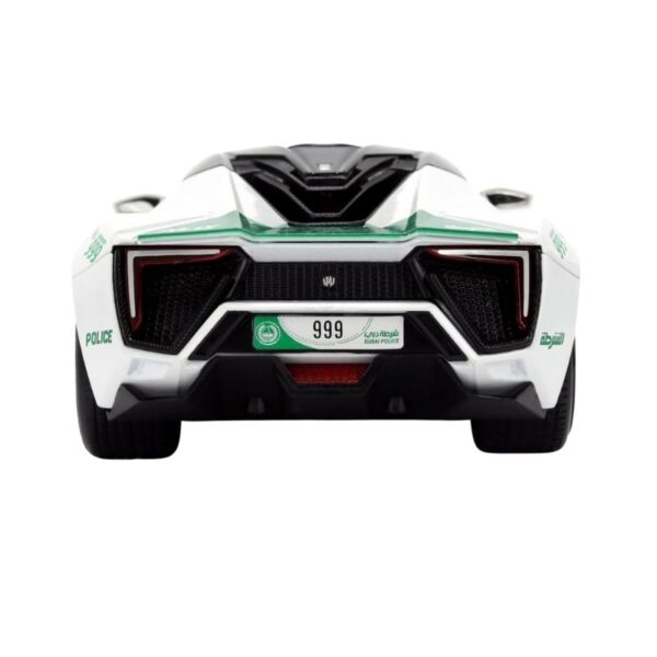Jada Dubai Police W Motors Hypersport model car in 1:24 scale, showcasing sleek design and police-themed details.