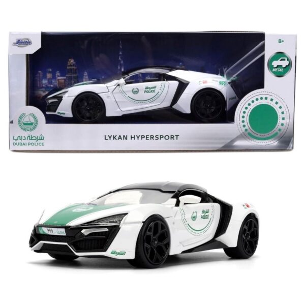 Jada Dubai Police W Motors Hypersport model car in 1:24 scale, showcasing sleek design and police-themed details.