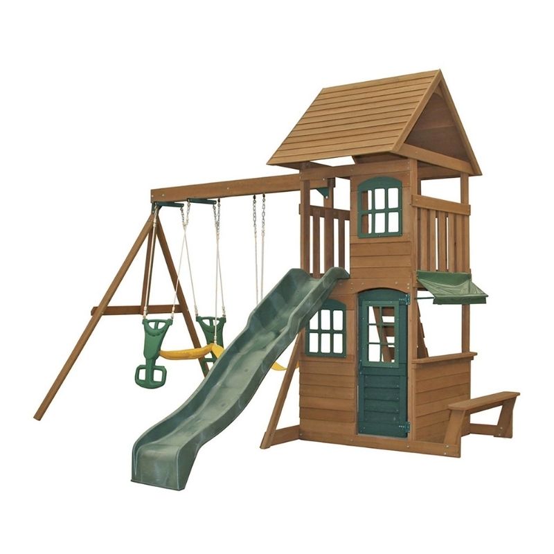 Kidkraft Windale Fort Outdoor Swing Sets - F23220 Kidkraft Windale Fort outdoor swing set featuring a wooden fort, swings, and a slide in a backyard setting