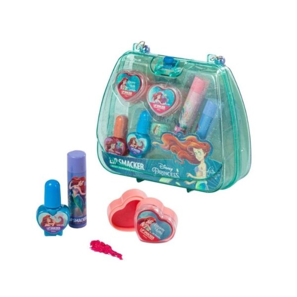 Mini tote bag makeup kit featuring Disney's Ariel, including lip balms and beauty essentials in a vibrant design