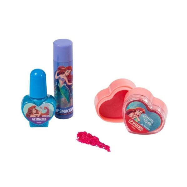 Mini tote bag makeup kit featuring Disney's Ariel, including lip balms and beauty essentials in a vibrant design