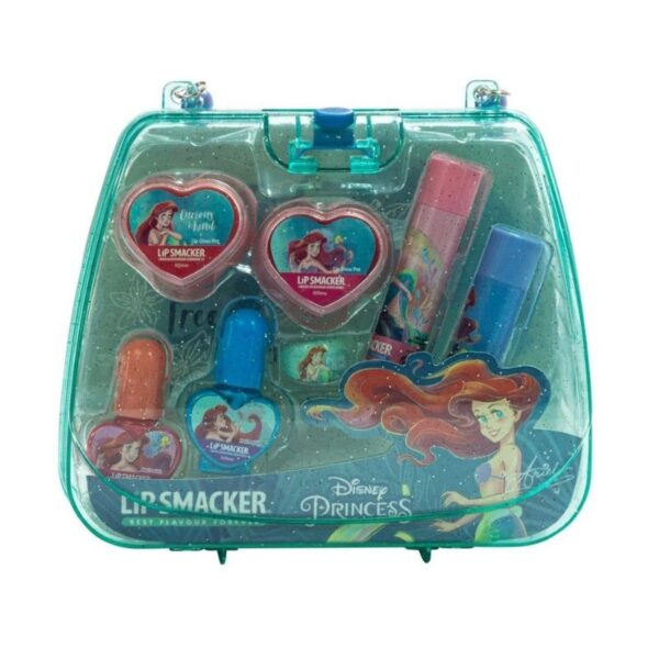 Mini tote bag makeup kit featuring Disney's Ariel, including lip balms and beauty essentials in a vibrant design