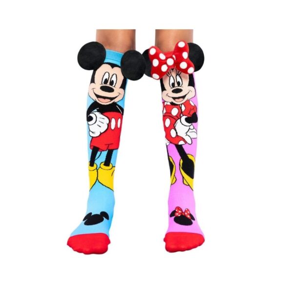 Colorful Madmia socks featuring Mickey and Minnie Mouse, designed for one size fits all