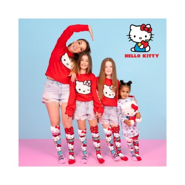 Colorful kids' socks featuring Hello Kitty, designed by Madmia, showcasing playful patterns and vibrant colors