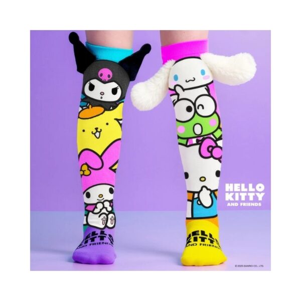 Colorful socks featuring Hello Kitty and her friends, showcasing playful designs and vibrant patterns
