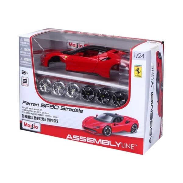 Die-cast model of a Ferrari SF90 Stradale in 1:24 scale, showcasing its sleek design and vibrant red color.