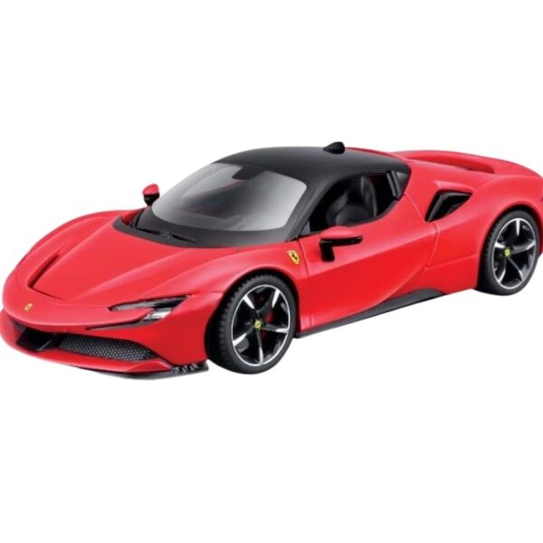 Die-cast model of a Ferrari SF90 Stradale in 1:24 scale, showcasing its sleek design and vibrant red color.