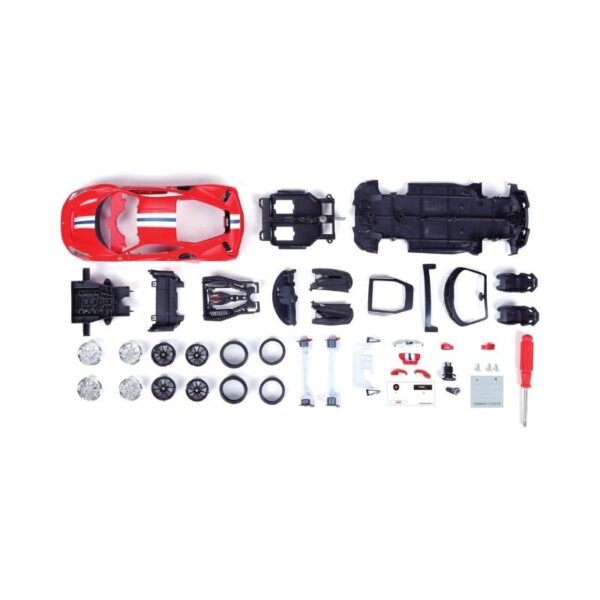 Model kit of a 1:24 scale Ferrari 488 Pista by Maisto, depicting an assembly line setup for car enthusiasts