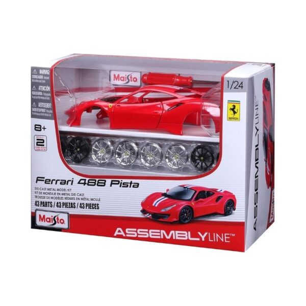 Model kit of a 1:24 scale Ferrari 488 Pista by Maisto, depicting an assembly line setup for car enthusiasts