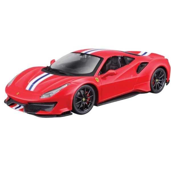 Model kit of a 1:24 scale Ferrari 488 Pista by Maisto, depicting an assembly line setup for car enthusiasts