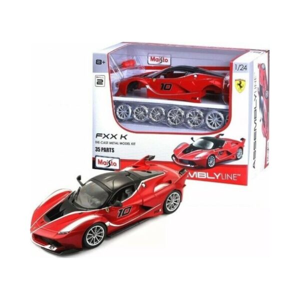 Maisto 1:24 scale model of a Ferrari FXX K on an assembly line, showcasing intricate details and vibrant colors