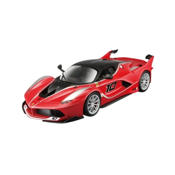 Maisto 1:24 scale model of a Ferrari FXX K on an assembly line, showcasing intricate details and vibrant colors
