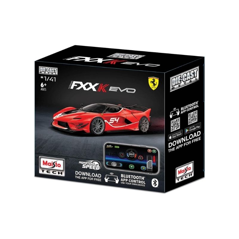 Maisto 1_41 Die-Cast Metal RC (bluetooth car) FXX-K EVO – 82651(23020)-4 Maisto 1:41 scale die-cast metal FXX-K EVO remote control car with Bluetooth connectivity, showcasing detailed design