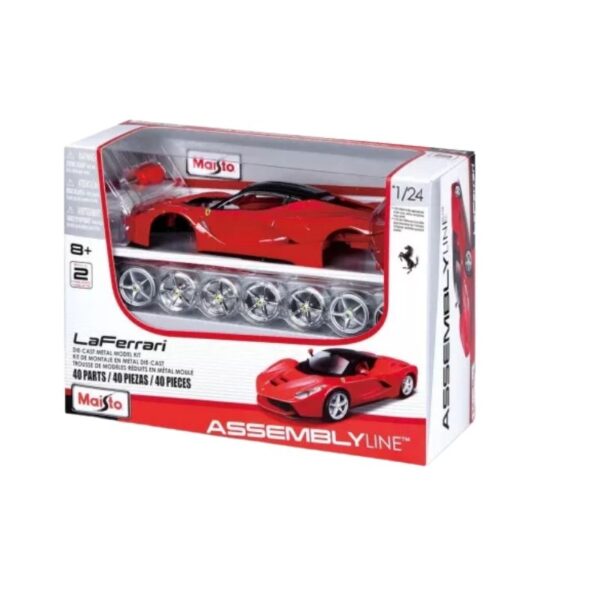 A detailed view of the Ferrari LaFerrari assembly line, showcasing workers assembling the luxury sports car