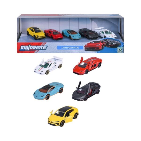 Five-piece Majorette Lamborghini gift pack featuring detailed miniature cars in vibrant colors