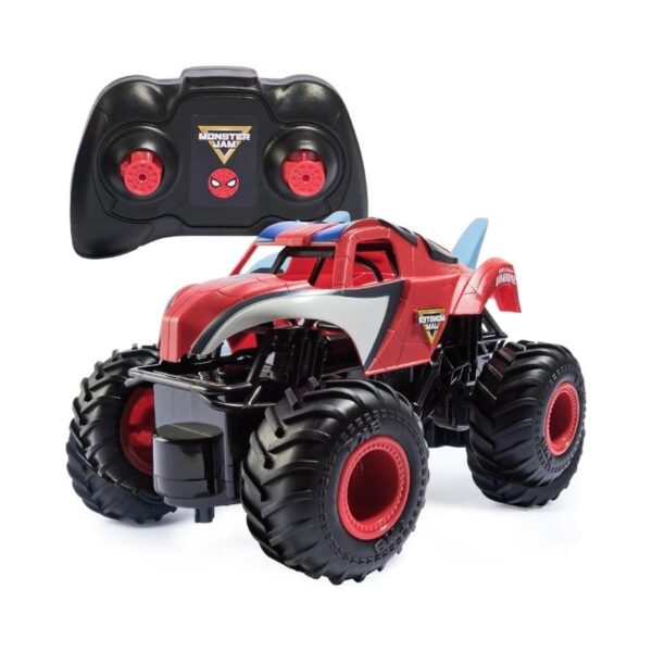 Remote-controlled 1:24 scale Monster Jam truck featuring Marvel's Spiderman, suitable for indoor and outdoor play