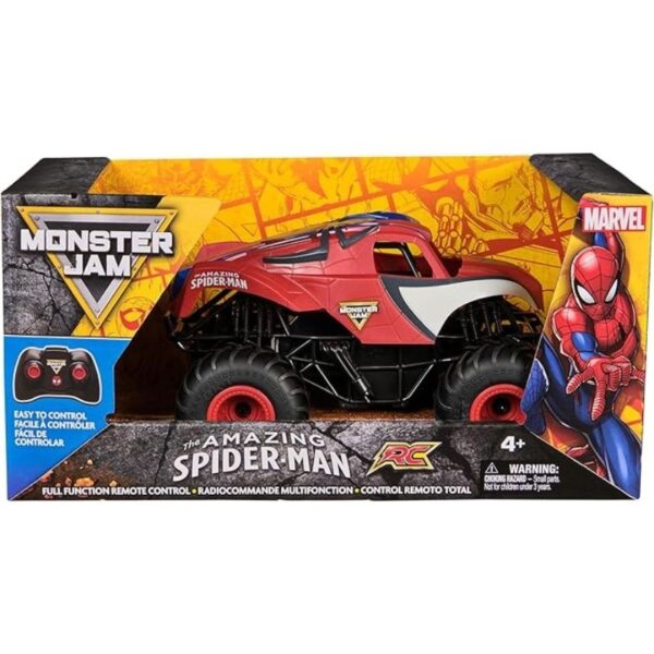 Remote-controlled 1:24 scale Monster Jam truck featuring Marvel's Spiderman, suitable for indoor and outdoor play