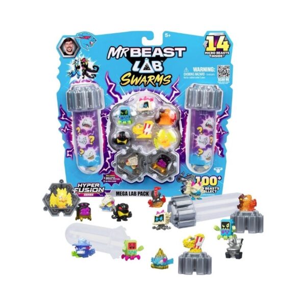 MrBeast Lab Swarms S3 Mega Lab 14 Pack featuring a variety of random collectible figures in colorful packaging