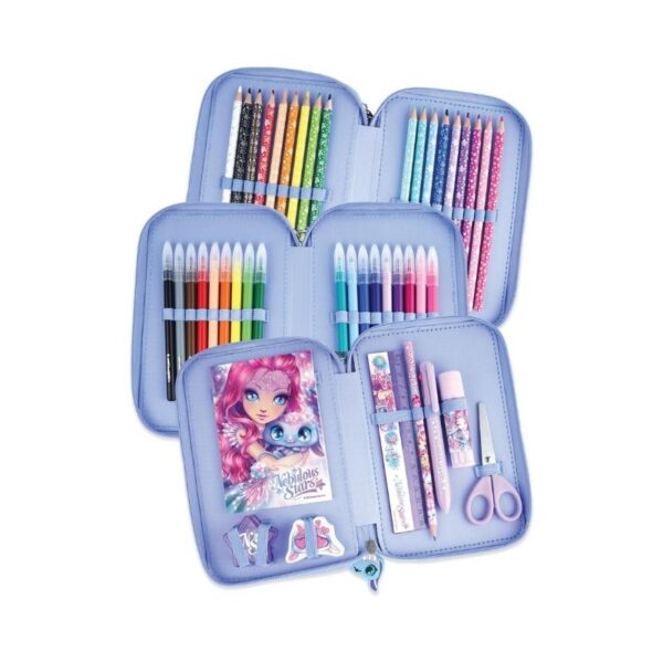 Three-tier pencil case featuring a nebula star design by Cristalia & Agatha, ideal for organizing stationery items