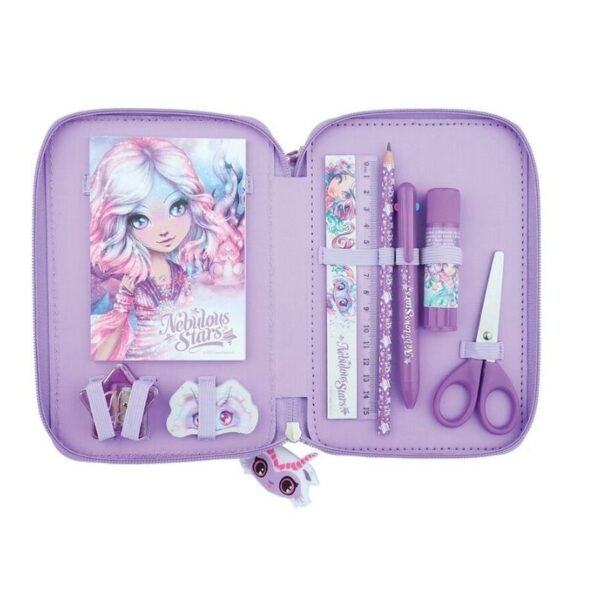 Three-tier pencil case featuring a nebula star design, labeled Estrelia & Astria, ideal for organizing stationery