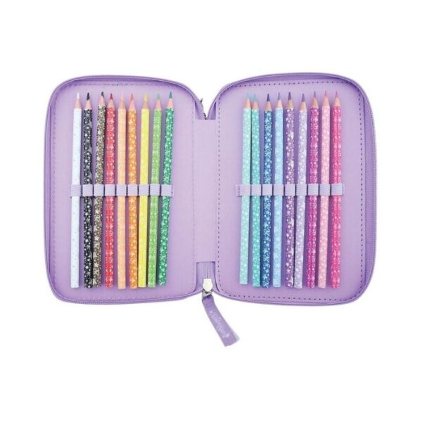 Three-tier pencil case featuring a nebula star design, labeled Estrelia & Astria, ideal for organizing stationery