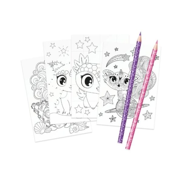 Three-tier pencil case featuring a nebula star design, labeled Estrelia & Astria, ideal for organizing stationery