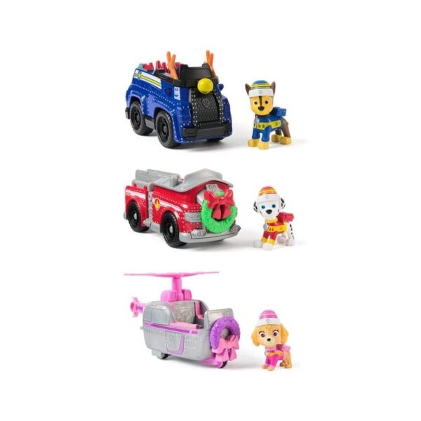 A Paw Patrol holiday vehicle toy, featuring colorful design and festive decorations, perfect for imaginative play