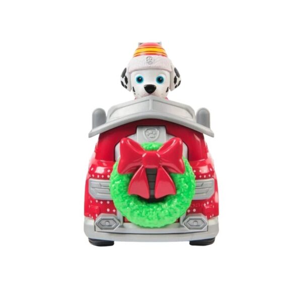 A Paw Patrol holiday vehicle toy, featuring colorful design and festive decorations, perfect for imaginative play