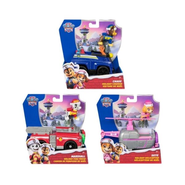 A Paw Patrol holiday vehicle toy, featuring colorful design and festive decorations, perfect for imaginative play