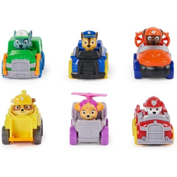 Six-piece Paw Patrol vehicle gift pack featuring various pup racers for imaginative play and adventure