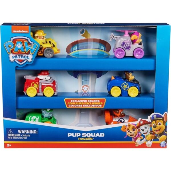 Six-piece Paw Patrol vehicle gift pack featuring various pup racers for imaginative play and adventure