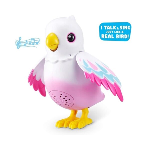 Colorful Zuru Polly robot bird toy perched on a branch, featuring interactive wings and a playful expression