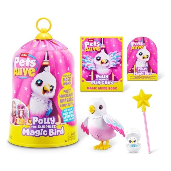 Colorful Zuru Polly robot bird toy perched on a branch, featuring interactive wings and a playful expression