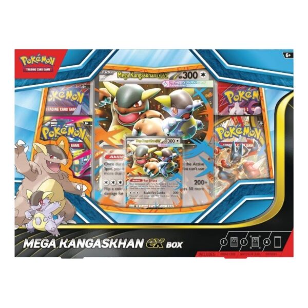 Mega Kangaskhan ex Box for Pokémon TCG featuring artwork of Mega Kangaskhan and collectible trading cards